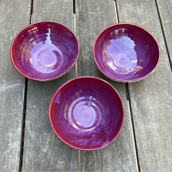 Studio Art Pottery Glazed Floral Bowls Set of Three Artist Signed Gold Trimmed - Picture 5 of 12